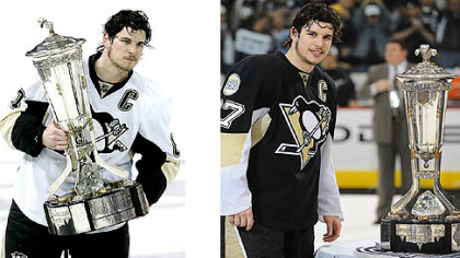 Sidney Crosby's approach to the Prince of Wales Trophy this year and last year are as different as the routes the Penguins took to reach the Stanley Cup final. Last season, above right, he refused to touch it. Tuesday night, left, he embraced it.