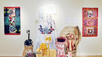 "Orisa in the New World," an artistic interpretation of a Yoruba altar for Oya and Ogun, was created by Temujin Ekunfeo, Cathleen Richardson Bailey and Celeta Hickman for the exhibition "Transformation" at the Pittsburgh Center for the Arts. Two- and three-dimensional works in the show were made by members of The Society of Yoruba Bead Artists.