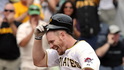 Brandon Moss celebrates his walk-off home run in the ninth inning against the Brewers.