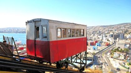 Tourists descend on a funicular elevator at the Artillery Hill in Valparaiso, Chile. The Artillery funiculars cover a length of 574 feet and were brought from Britain and Germany.