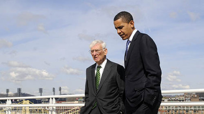 Steelers' owner Dan Rooney Sr. walks with President Barack Obama near the David L. Lawrence Convention Center during the campaign last year.