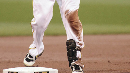 Freddy Sanchez pulls up at third after hitting a triple in the first inning last night. Sanchez was left stranded.