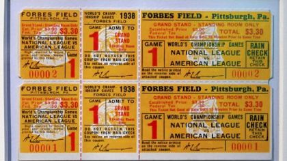 Tickets for a World Series never played in 1938 at the exhibit commemorating the 100th anniversary of Forbes Field at the Western Pennsylvania Sports Museum at the Sen. H. John Heinz History Center. The Pirates lost the National League title at the very end of the season.