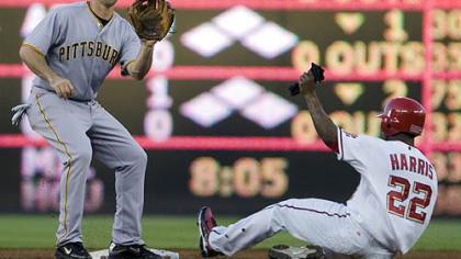 Washington Nationals' Willie Harris, right, steals second base as shortstop Jack Wilson awaits the throw during the second inning of last night's game in Washington.