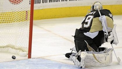 Marc-Andre Fleury allows the winning goal by the Capitals' David Steckel in overtime of Game 6 of the Eastern Conference semifinal last night at Mellon Arena.