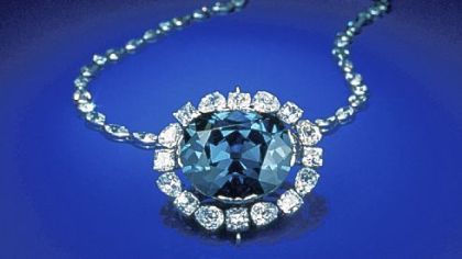The rare blue 45.50 carat Hope diamond once owned by Louis XIV. Cartier sold it to Evalyn Walsh MacLean in 1910 for $154,000. It is now in the Smithsonian Institution.