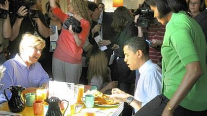 Then-Sen. Barack Obama and his wife, Michelle, shared a breakfast of pancakes at Pamela's Diner in the Strip District in April with co-owner Gail Klingensmith, left.