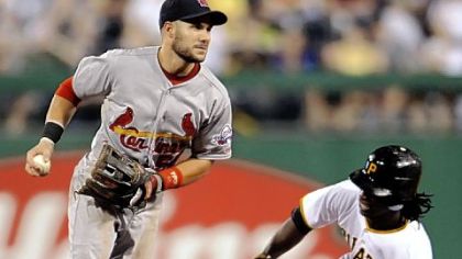 St. Louis second baseman Skip Schumaker forces Andrew McCutchen out at second on a fielder's choice in the bottom of the sixth inning last night at PNC Park.