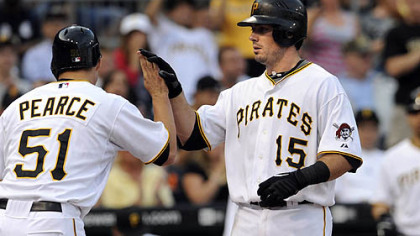 Pirates third baseman Andy LaRoche is congratulated by teammate Steve Pearce after hitting a two-run home run in the second inning.