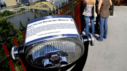 "Without You the Skyline Isn't Worth It," a poem by Noah Falck, is displayed on a viewer at the Duquesne Incline station as part of the www.isReads.com project.