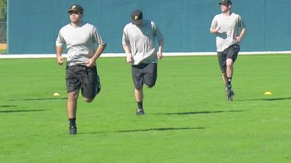 Top prospect Pedro Alvarez, left, participates in a running drill with other minor leaguers yesterday in Bradenton, Fla.