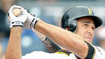 Pirates outfielder/first baseman Garrett Jones swings during an at bat yesterday.