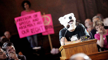 David Meieran of Squirrel Hill addresses City Council while wearing a polar bear mask during a public hearing on protesting during the G20 at the City-County Building yesterday.  Mr. Meieran was addressing a proposed city ordinance on the concealment of identity during the G-20.