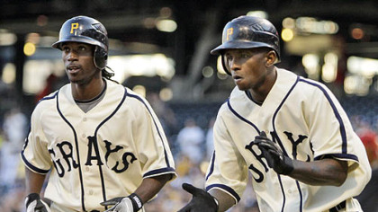 Pirates outfielder Andrew McCutchen, left, returns to the dugout  with teammate Nyjer Morgan after Morgan hit a two-run third-inning home run off Royals pitcher Gil Meche last night.