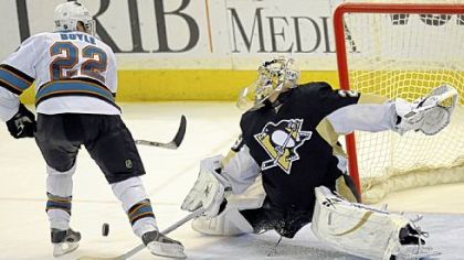 Marc-Andre Fleury denies San Jose's Dan Boyle in the final shootout round to give the Penguins the victory last night at Mellon Arena.