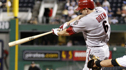 Diamondbacks shortstop Stephen Drew strokes a single off Pirates pitcher Jeff Karstens in the eighth inning, driving in two runs.
