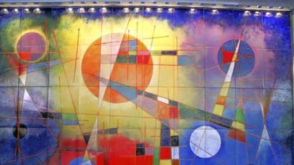 This Virgil Cantini enamel-on-steel mural "Aerial Scape" may be removed from the lobby of One Oliver Plaza.