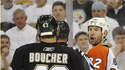 The Flyers' Mike Knuble taunts Philippe Boucher Thursday at Mellon Arena. Will Philadelphia force a Game 7 in Pittsburgh?