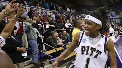 Pitt's Shavonte Zellous celebrates after the 65-60 win over Gonzaga in their second-round women's NCAA college basketball tournament game on Monday night.