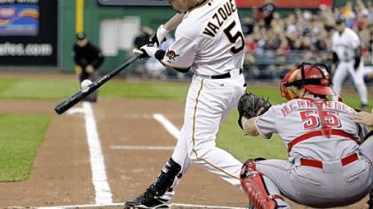 Ramon Vazquez hits a two-run single in the Pirates' four-run first inning last night.