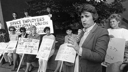 Eleanor Smeal, then president of NOW, addresses rally by Mt. Lebanon secretaries and clerks during the 1970s.