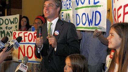 Councilman Patrick Dowd concedes to Mayor Luke Ravenstahl in the Democratic primary for Pittsburgh mayor. Mr. Dowd's children Quinn,7, foreground, and Mackenzie, 12, right, joined their father at the Church Brew Works in Lawrenceville.