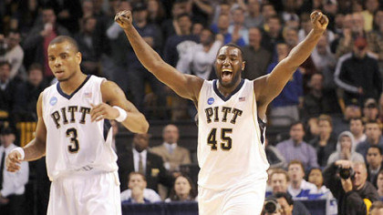 Pitt's DeJuan Blair cheers after teammate Levance Fields got a steal and scored near the end of his team's win against Xavier in the NCAA East Regional in Boston tonight.