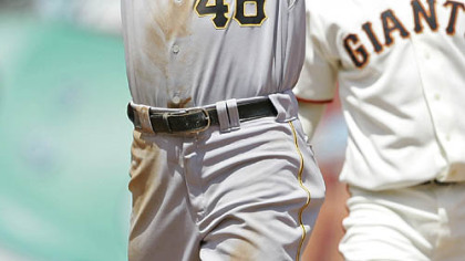 Pirates outfielder Garrett Jones reacts after being caught stealing second base against the San Francisco Giants in the seventh inning.