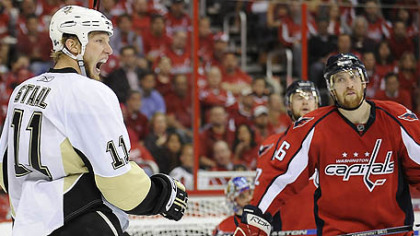 A foretelling goal:  Jordan Staal celebrates his goal in the second period, much to the chagrin of the Capitals.