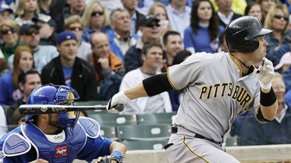 Ramon Vazquez strokes an RBI single scoring Adam LaRoche during the fourth inning of yesterday's game against the Chicago Cubs.