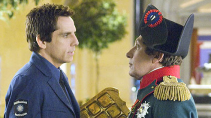 In this film still from the movie, "Night at the Museum: Battle of the Smithsonian," released by Twentieth Century Fox Film Corporation, Larry Daley, played by Ben Stiller, left, has a heart-to-heart with Napoleon, played by Alain Chabat.