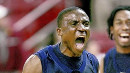 Robert Morris's Bateko Francisco celebrates with teammate Mezie Nwigwe after they defeated Boston College 57-51 in January.
