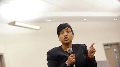 Mayoral candidate Carmen Robinson speaks at a town hall forum at the Kingsley Center in East Liberty on Tuesday.