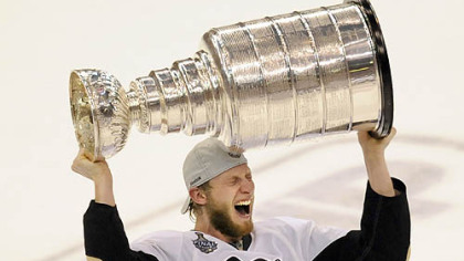 Center Jordan Staal screams with joy as he hoists the Stanley Cup after defeating the Red Wings in Game 7 of the Stanley Cup final last night at Joe Louis Arena in Detroit.