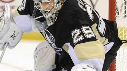 Penguins goalie Marc-Andre Fleury makes a save in the second period.