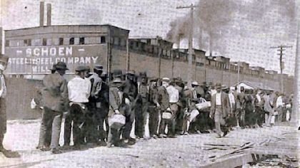 Hungry men who waged a strike at the Pressed Steel Car Co. in McKees Rocks line up to receive food for their starving families. The Pittsburgh Leader, a local newspaper, solicited donations for the strikers from the public, and a committee distributed the food.