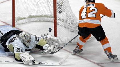 Center Jared Ross is one of five young Flyers getting their first playoff experience, and, as in this case with Ross scoring Sunday, contributing against the Penguins.