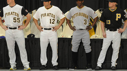 The Pirates unveiled their lineup of jerseys for the 2009 season. In includes a new black alternate jersey, far right, as well as the addition of sleeves to the team's home white and road gray jerseys. Modeling were, from left, pitcher Matt Capps, second baseman Freddy Sanchez and outfielders Nyjer Morgan and Nate McLouth.