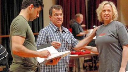 Tony Yazbeck, director Charley Repole and Sally Wilfert rehearse for Pittsburgh CLO's production of Barry Manilow's Copacabana.