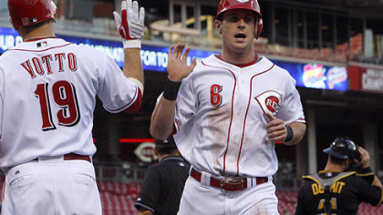 Reds outfielder Drew Stubbs is congratulated by first baseman Joey Votto after Stubbs scored on a double by shortstop Paul Janish in the first inning during the second game.