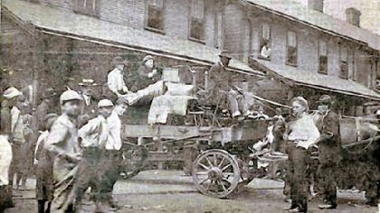 Employees who waged a strike at the Pressed Steel Car Co. in the summer of 1909 were evicted from company-owned housing in the company town of Presston on Aug. 21, 1909.   Deputy Sheriff Harry Exley places a baby buggy on top of the wagon's load.  The next evening strikers clashed with state police on Bloody Sunday.  Strikers pulled Sheriff Exley from a streetcar and killed him.