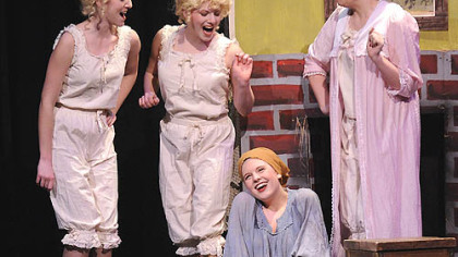 Avonworth High School's production of "Into the Woods," a fairy tale based on the stories of the Brothers Grimm, is up for Best Musical in the Gene Kelly Awards. From left are Megan Girimonti as Lucinda, Leah Pappas as Florinda, Chelsea Stewart as Cinderella, and Shannon Knox as Cinderella's stepmother.