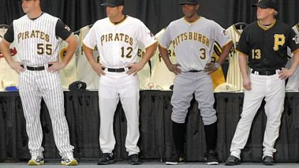Freddy Sanchez, Nyjer Morgan and Nate McLouth model the three Pirates uniforms that will have sleeves this season. The pinstriped model will keep the jersey vest of previous seasons.