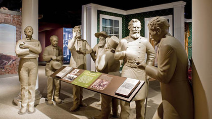 Figures representing job seekers and visitors to the Lincoln White House, modeled after political cartoons from the 1860s.