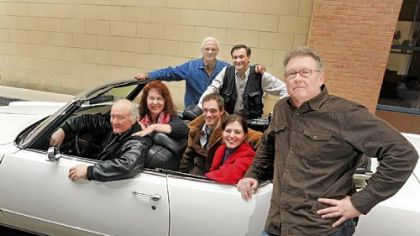 In  "Harry's Friendly Service," Edward James Hyland, at the wheel, plays Harry. Then clockwise are cast members Brooks Almy, Alex Coleman, Daryll Heysham, Joel Ripka and Tressa Glover. Playwright Rob Zellers is at right.