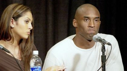 In July 2003, pro basketball player Kobe Bryant holds the hand of his wife, Vanessa, during a news conference after he was charged with sexually assaulting a 19-year-old woman. The Los Angeles Lakers'  superstar was acquitted of criminal charges and reached an out-of-court settlement in the civil case.