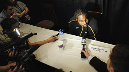 Pitt's Levance Fields talks to reporters yesterday afternoon about his team's Elite Eight game against Villanova tonight.