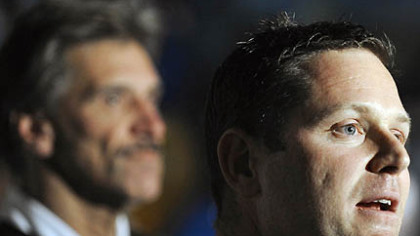 Frank Cignetti, Jr., talks to the media after he was introduced as Pitt's new offensive coordinator and quarterbacks coach by head coach Dave Wannstedt Wednesday. shot 021809
Frank Cignetti Jr. fields a question yesterday.