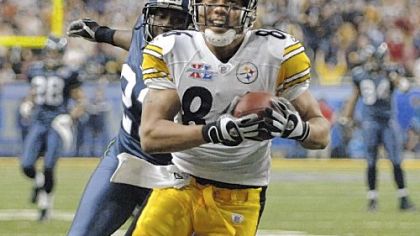 Hines Ward scores a touchdown against the Seahawks in Super Bowl XL at Ford Field in Detroit.