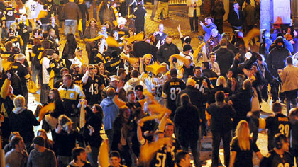 Teeming fans celebrate the Steelers' Super Bowl XLIII victory on the South Side.